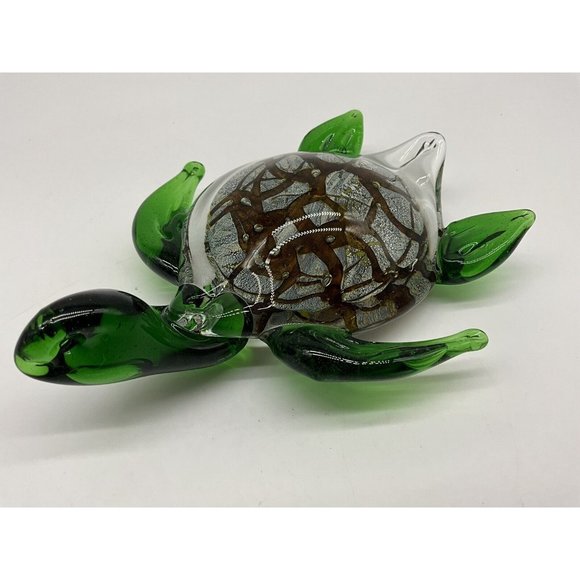 Italian Art Glass Sea Turtle Green Marbled Paperweight Gold Brown Marine - Picture 6 of 16